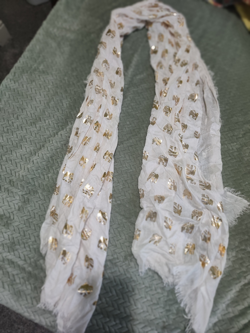 Shiraleah White Scarf with Gold Foil Elephant Accents